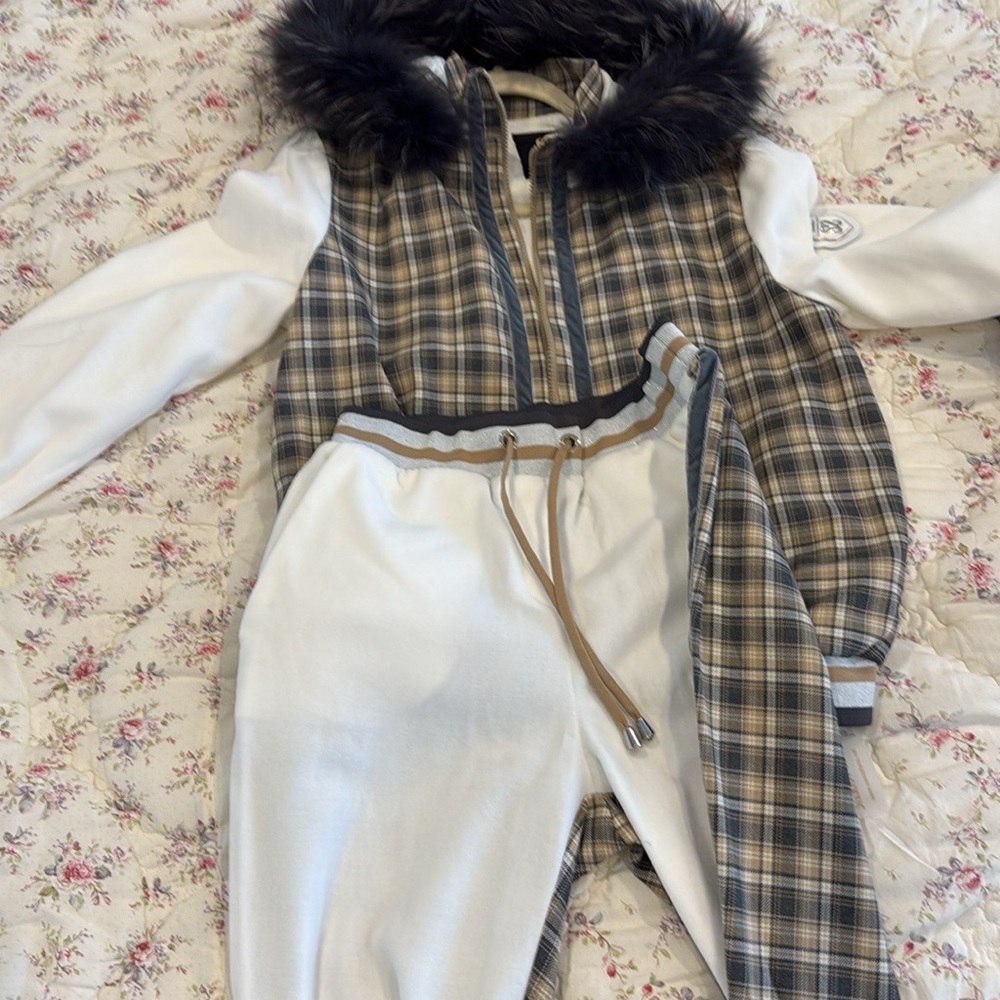 Plaid Vest and White Jogger Set with Fur Trim